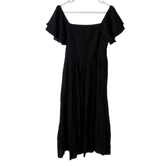 Black Flutter-Sleeve Midi Dress Women's M Chic Elegant Square Neck Casual - Picture 2 of 5